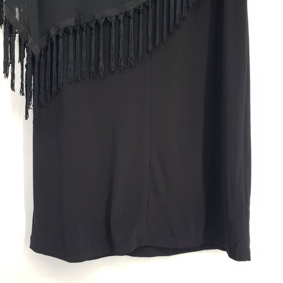 R&M Richards Cold Shoulder Cocktail Dress 12 Fringe Tassels Sheer Cape Black - Picture 9 of 11